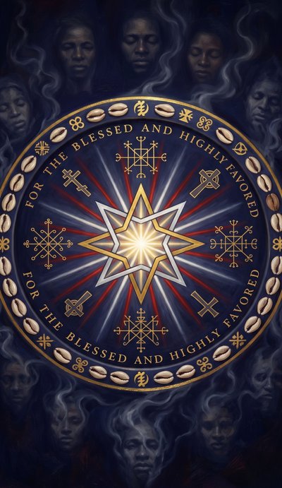 Ashe Alma deck back showing eight-pointed star, cowrie shells, and Catholic crosses